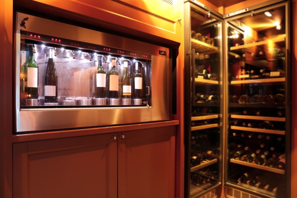 Dispenser and refrigerators with bottles of wine